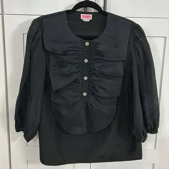 Kate Spade Ruffle Tuxedo Top – Black – Silk Blend – Size L – EUC - Picture 4 of 10